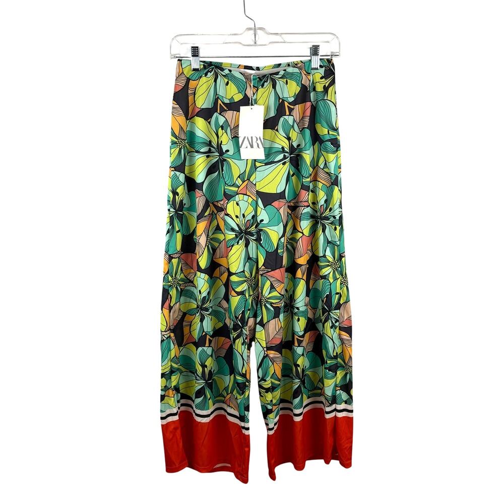 NWT Zara Palazzo Pants Bright Floral Retro Vacation Resortwear Tropical Paradise - Picture 2 of 7